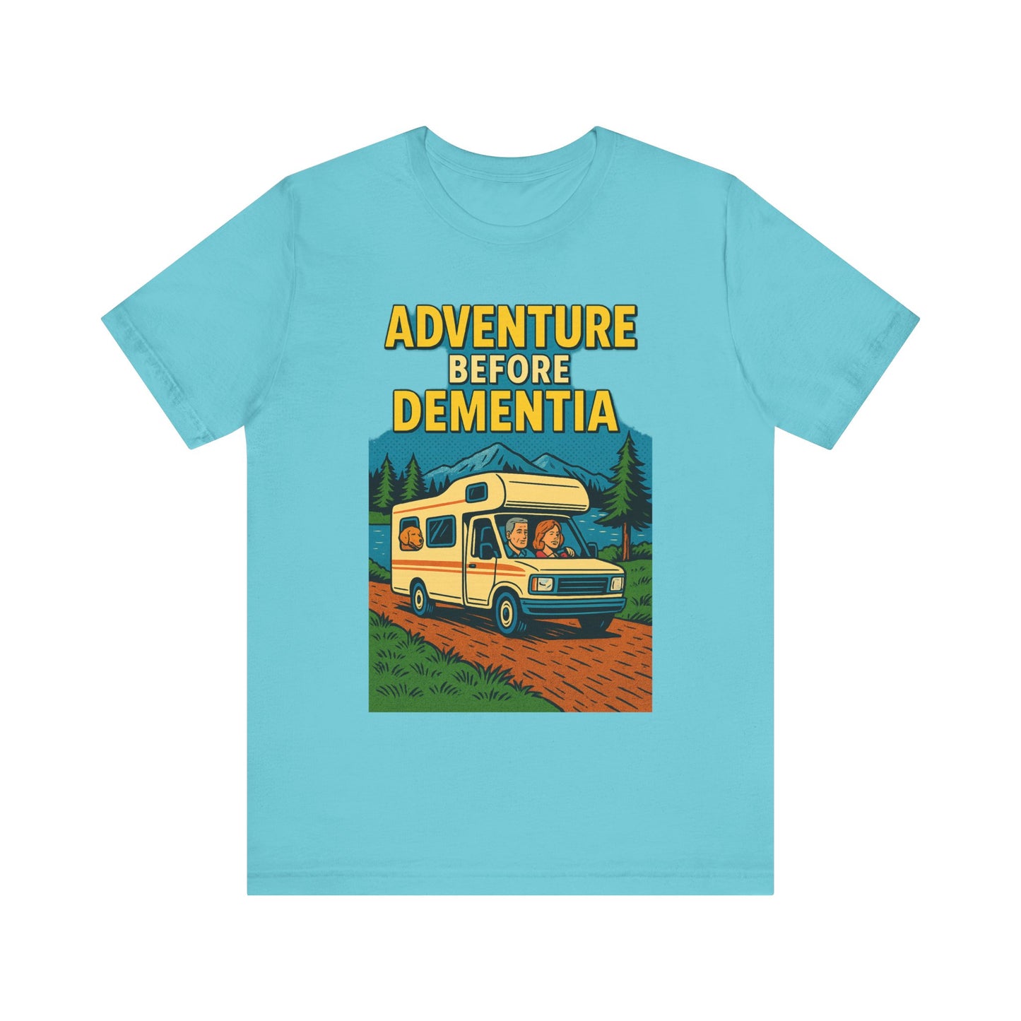 Adventure Before Dementia Pop Art T-Shirt – Retro RV Camping Graphic Tee with Labrador