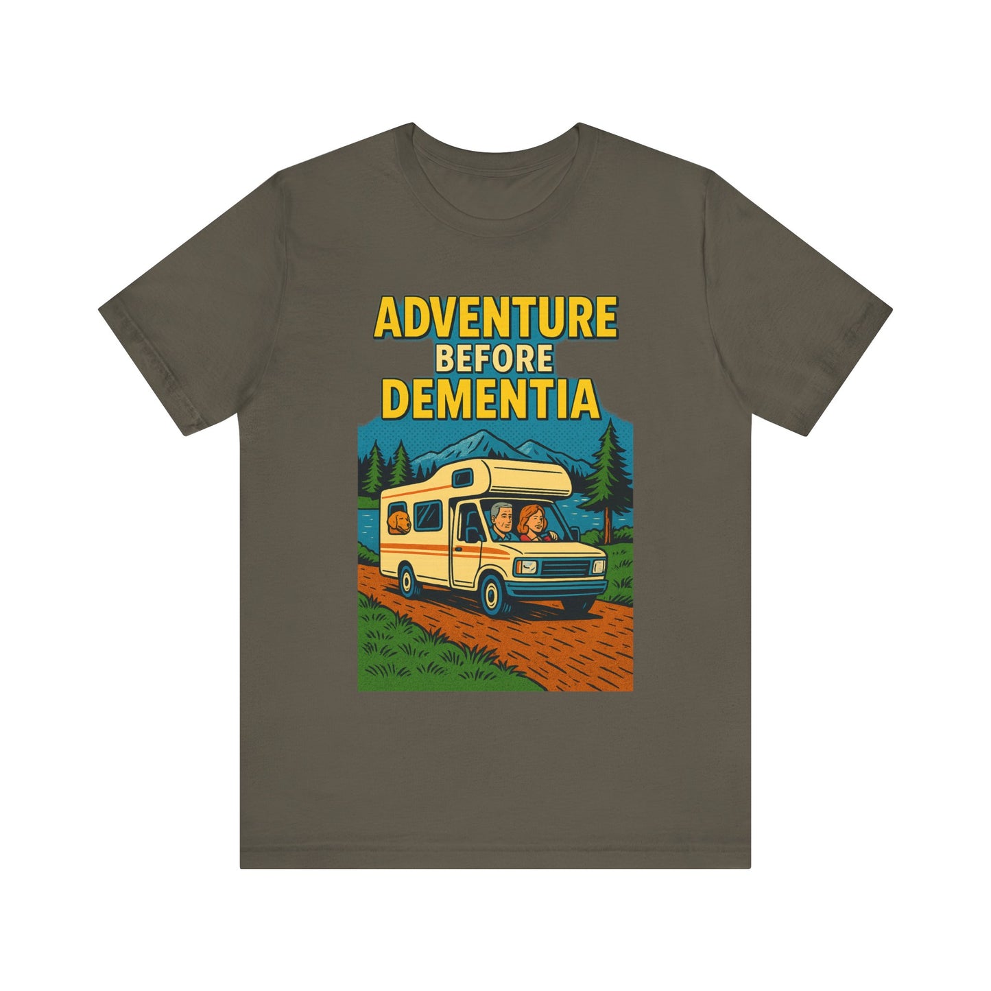 Adventure Before Dementia Pop Art T-Shirt – Retro RV Camping Graphic Tee with Labrador