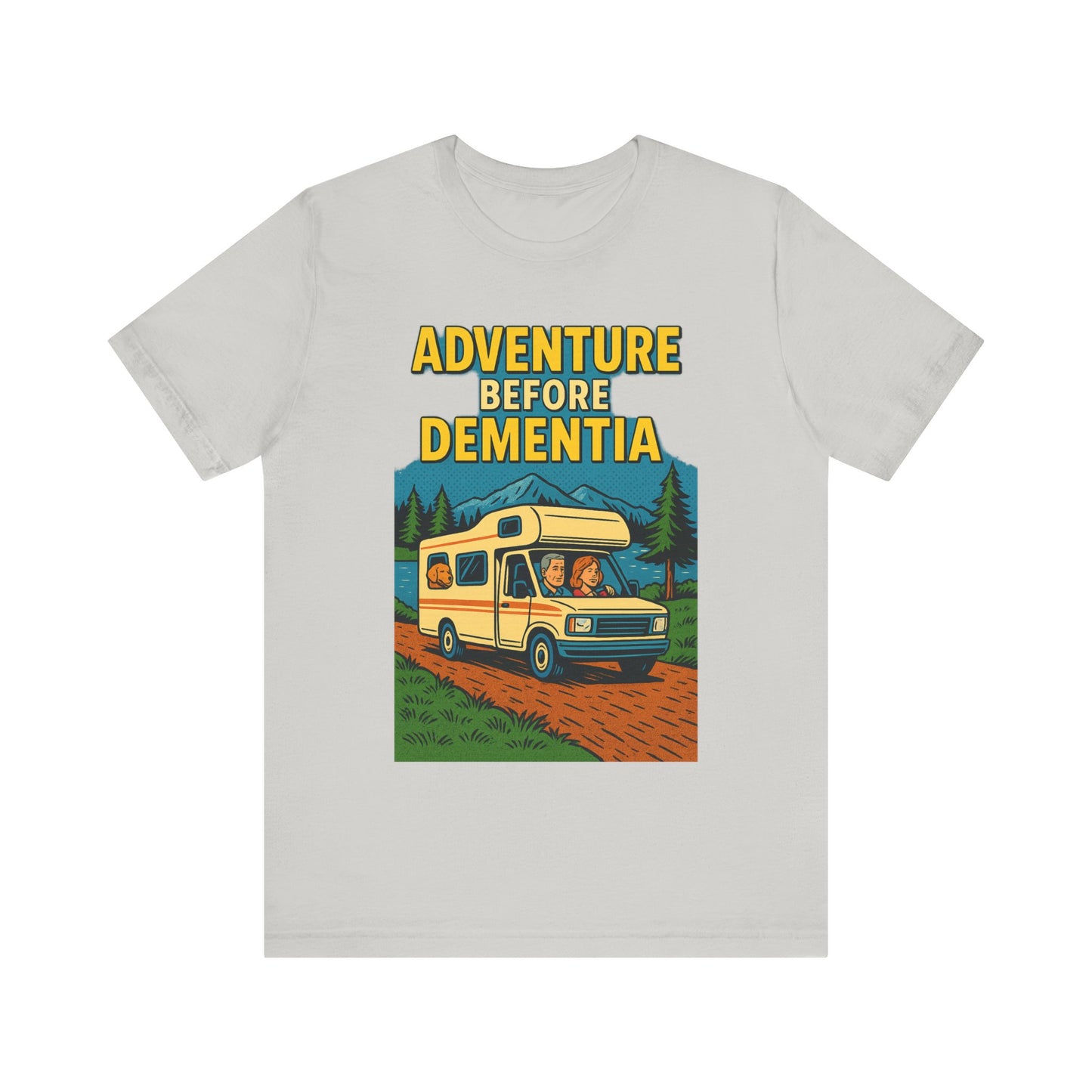 Adventure Before Dementia Pop Art T-Shirt – Retro RV Camping Graphic Tee with Labrador