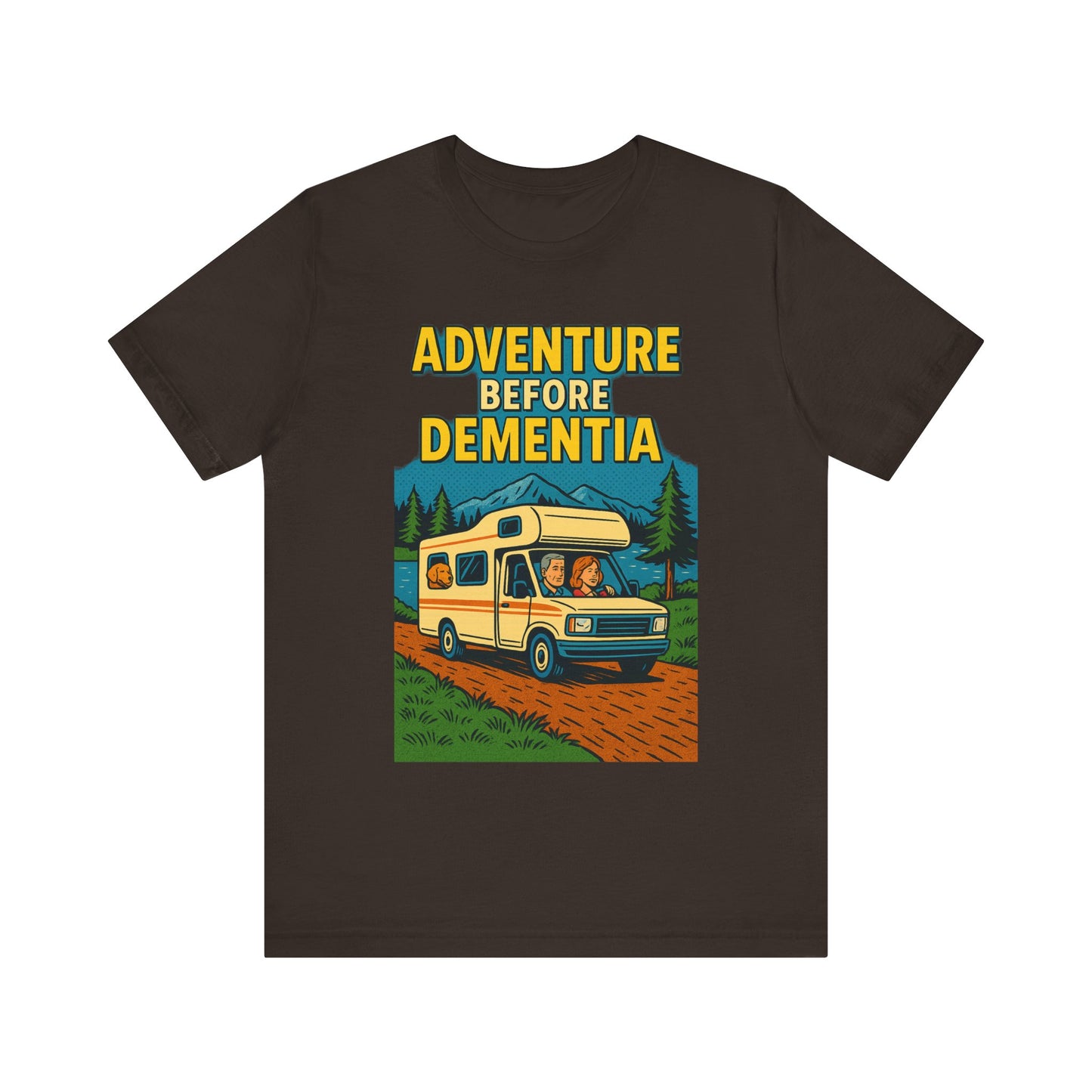 Adventure Before Dementia Pop Art T-Shirt – Retro RV Camping Graphic Tee with Labrador