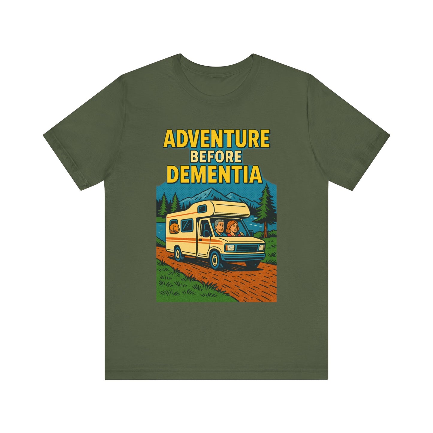 Adventure Before Dementia Pop Art T-Shirt – Retro RV Camping Graphic Tee with Labrador