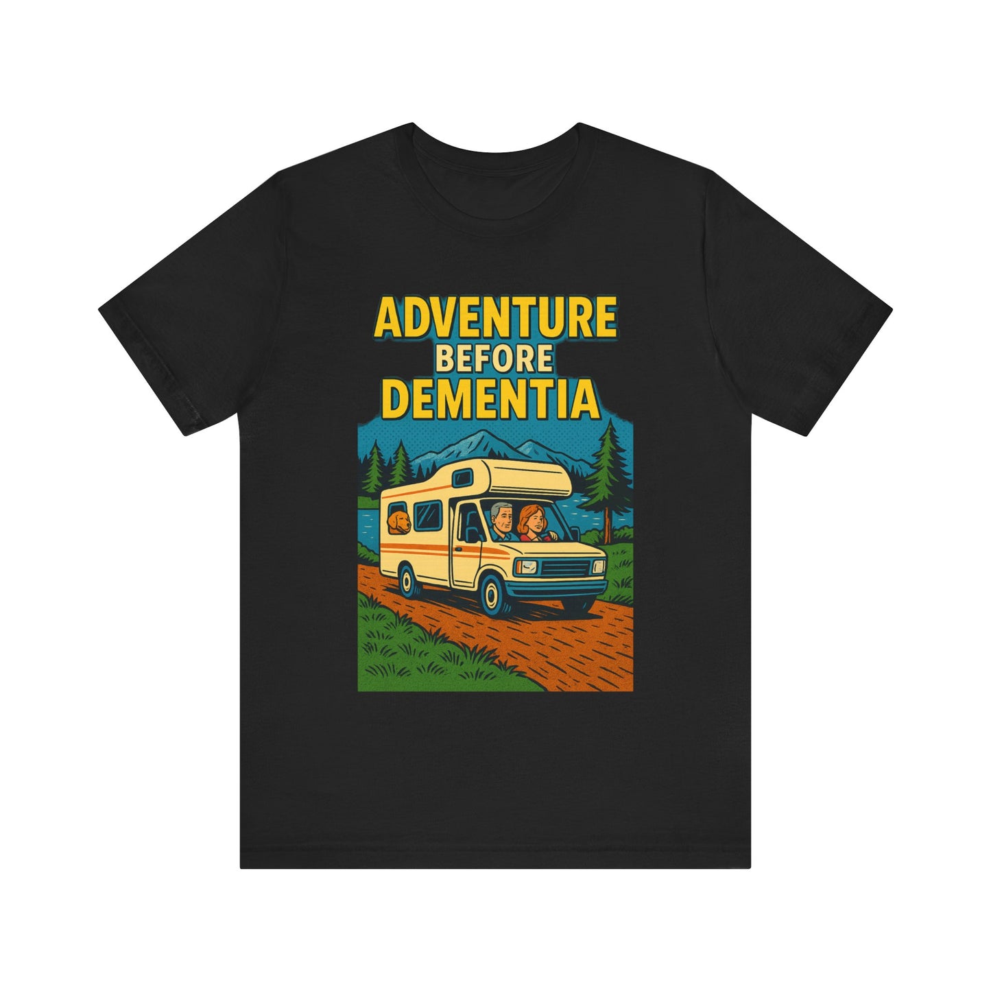 Adventure Before Dementia Pop Art T-Shirt – Retro RV Camping Graphic Tee with Labrador