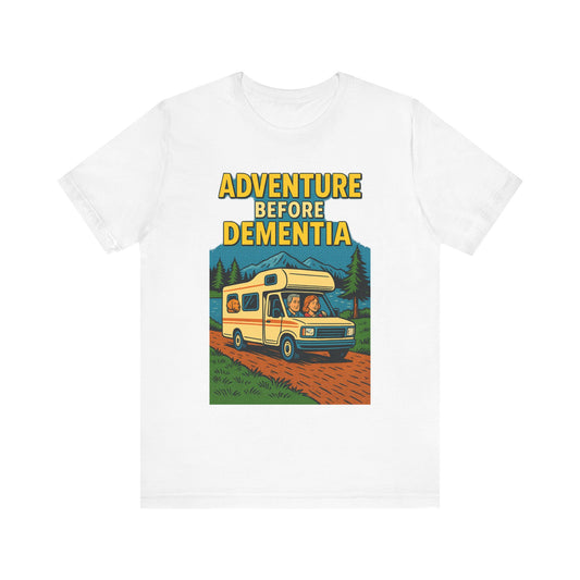 Adventure Before Dementia Pop Art T-Shirt – Retro RV Camping Graphic Tee with Labrador
