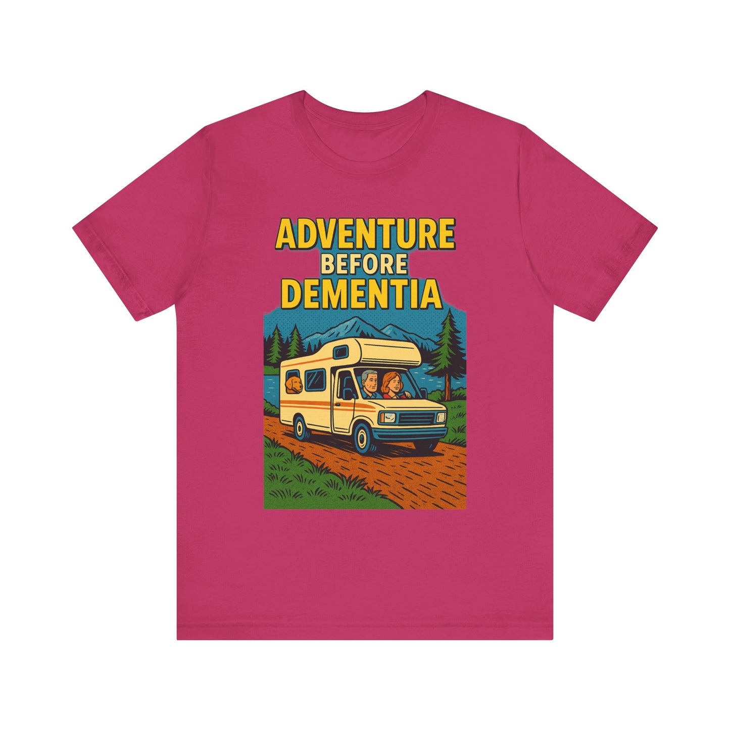 Adventure Before Dementia Pop Art T-Shirt – Retro RV Camping Graphic Tee with Labrador
